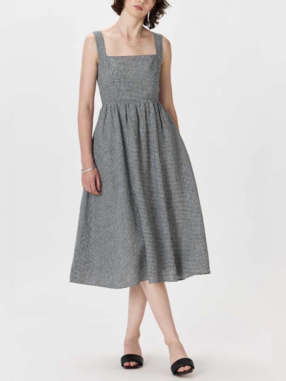 Quince Gingham 100% European Linen Fit & Flare Midi Dress Large